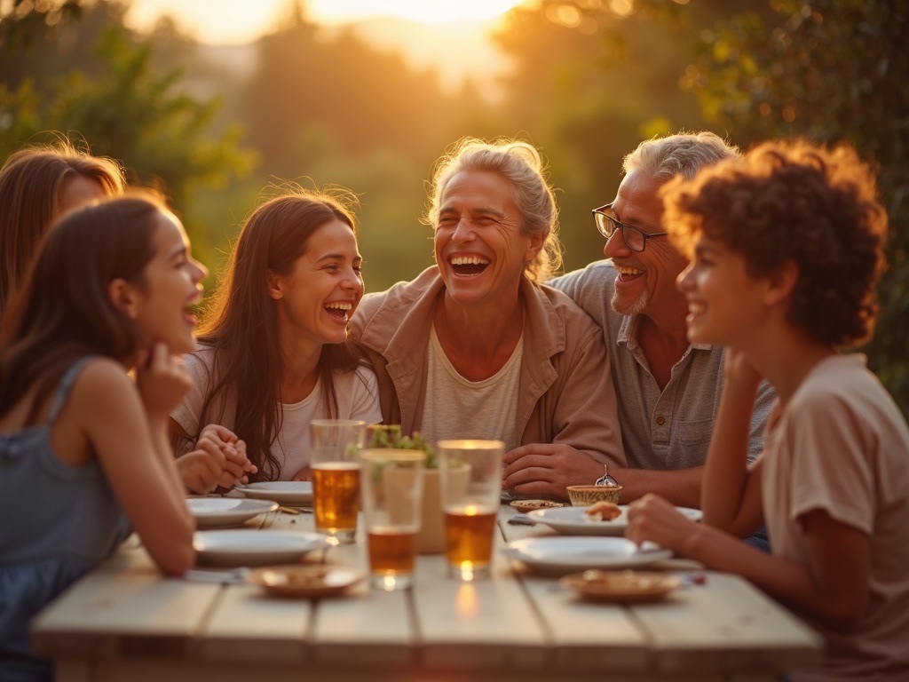 Una familia de varias generaciones riendo alrededor de la mesa al atardecer
