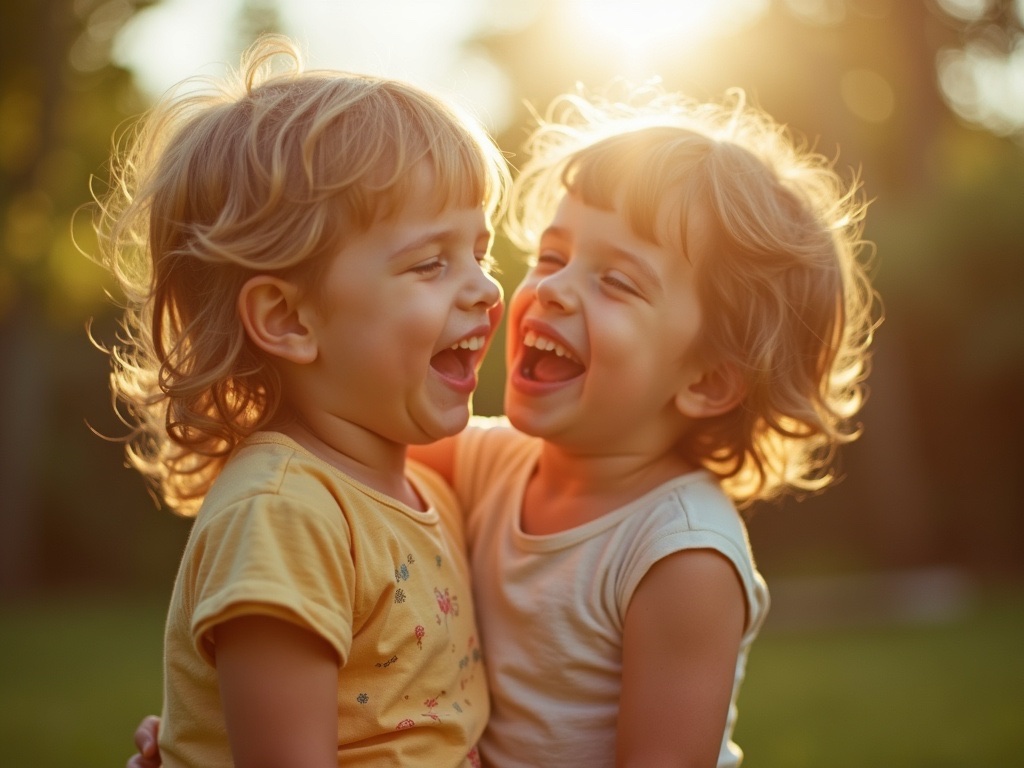 Dos niños pequeños riendo juntos con luz cálida de la tarde