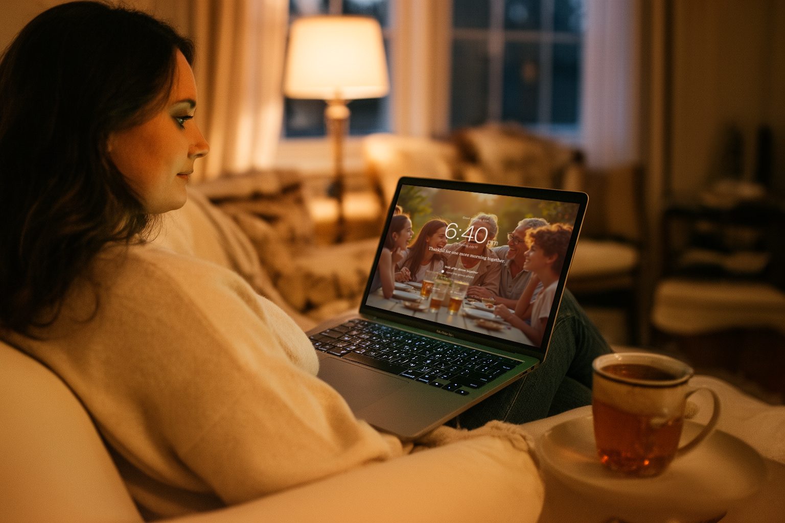 A woman on a cream sofa in the evening with a laptop showing the Fondly new tab at 6:40pm and a family dinner photo, tea beside her