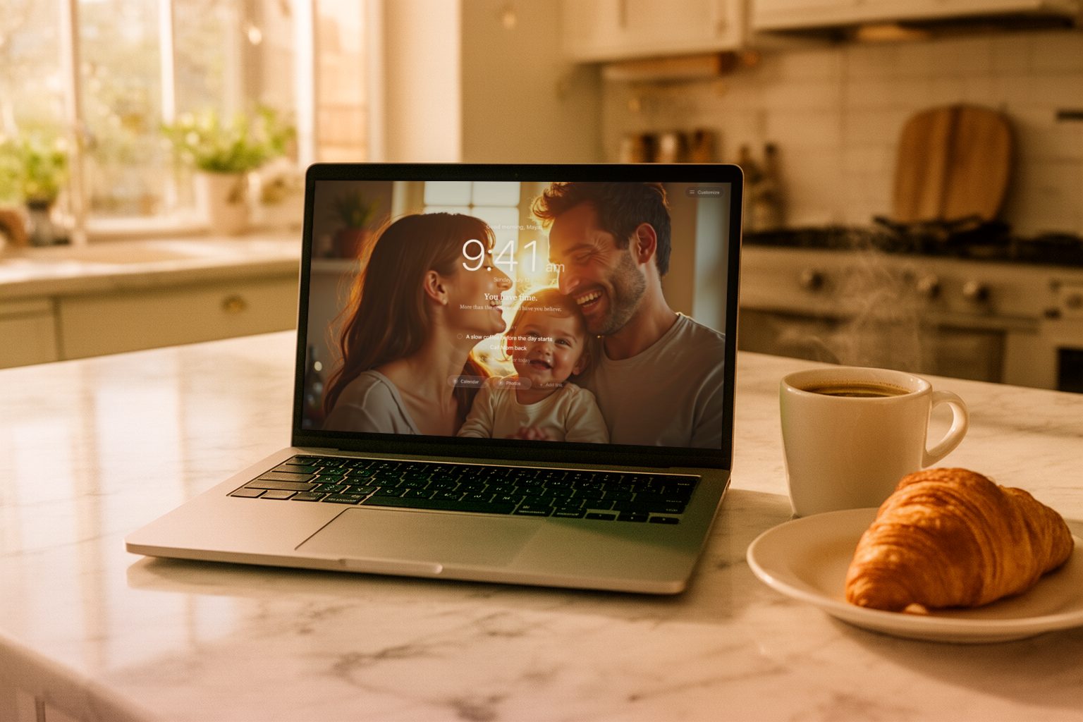 A MacBook open on a marble kitchen island at golden hour, its new tab showing 9:41am, 'You have time,' and a family photo, next to coffee and a croissant